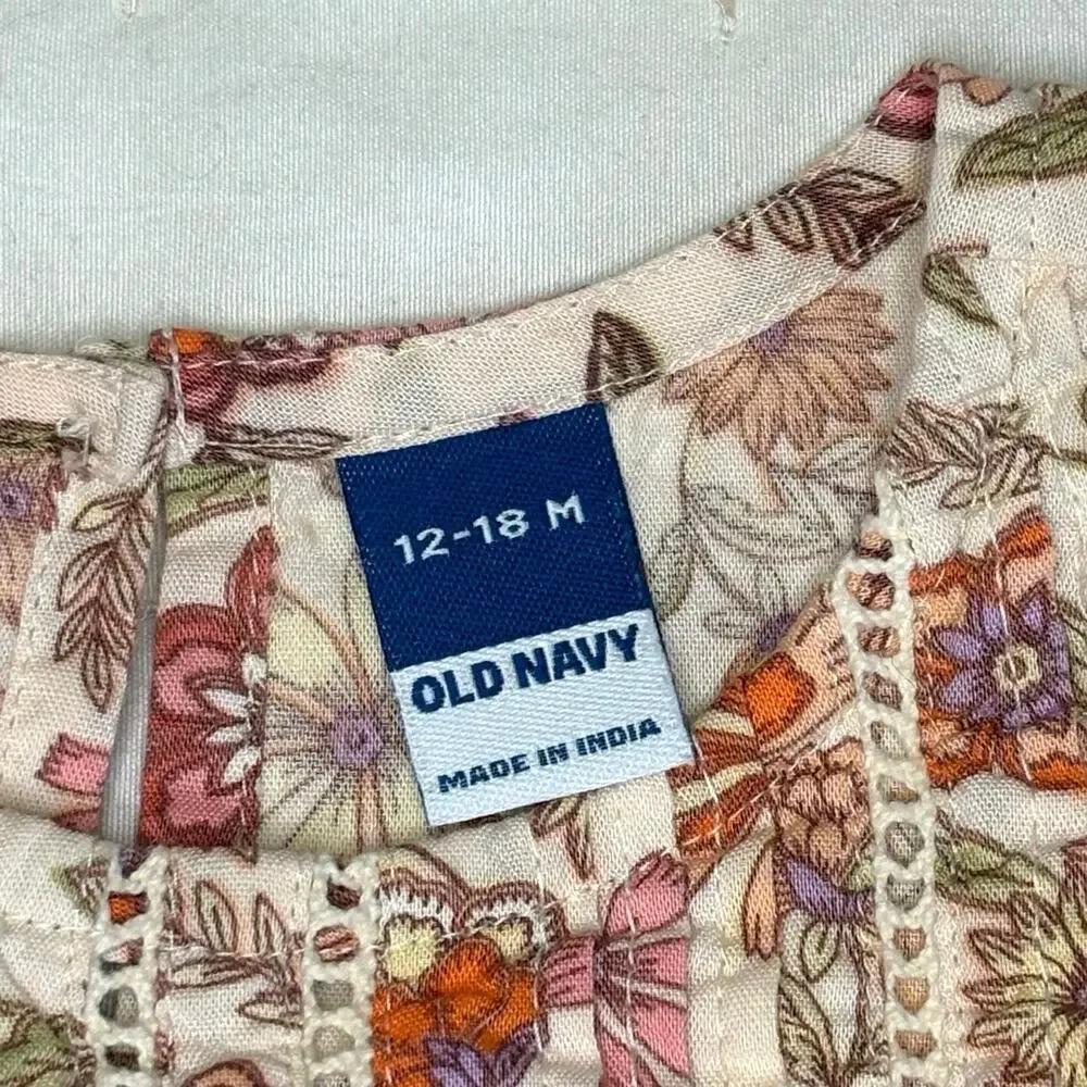 Old Navy Floral Print Pintucked Swing Dress Baby Girl 12-18M Cream Coral